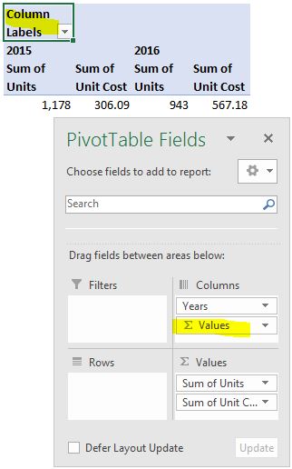 Values Field Column Labels