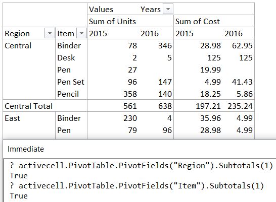 Subtotals in Immediate Window